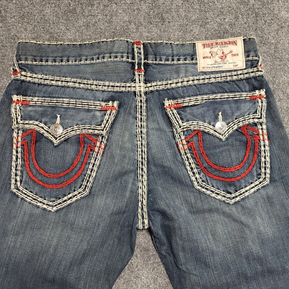 Vtg True Religion Men's Dark Desire Blue Red White Rope Stitch Jeans Size 38